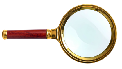 A close-up view of a classic magnifying glass with a wooden handle and a gold-colored frame
