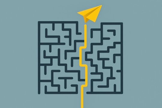 Yellow paper airplane flying out of a complex maze, symbolizing innovation, problem-solving, and finding solutions in challenging situations.