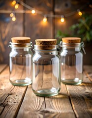 Three Cork-Stoppered Glass Jars on Rustic Wooden Table with Bokeh Lights