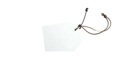 Naklejka premium A white, empty tag hangs by brown string against a deep black background