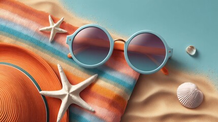 Summer beach scene with sunglasses, starfish, hat, and seashells