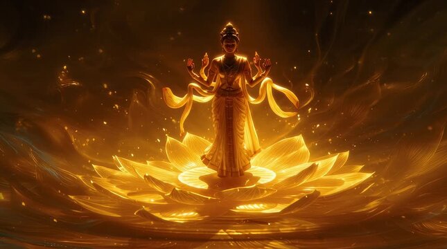 Golden Goddess Lakshmi Meditating on Lotus Flower, Symbolizing Prosperity and Spiritual Enlightenment in Hinduism Art