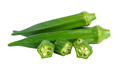 Close-up studio shot of a pile of fresh okra, some whole and others cut