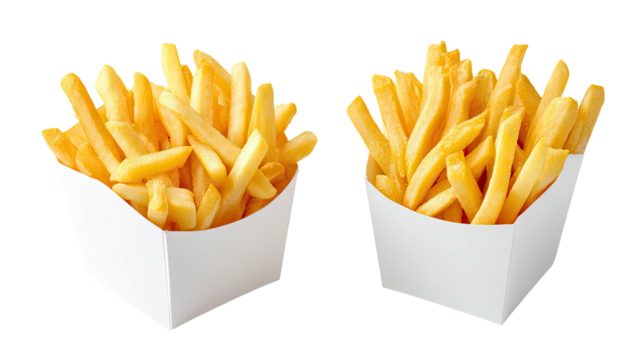 Two paper cartons filled with golden fried potato strips