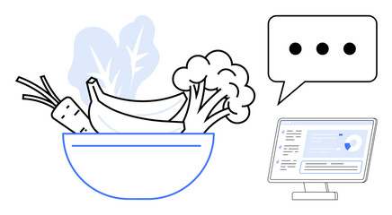 Bowl of fruits, vegetables, chat bubble, computer screen. Ideal for nutrition, health, wellness, meal planning communication dietary analysis online consultation. Simple flat metaphor