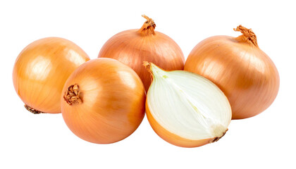 Close-up of several golden brown onions, one halved, against a black backdrop