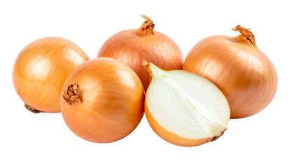 Close-up of several golden brown onions, one halved, against a black backdrop