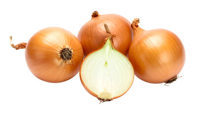 Close-up of four onions, one cut in half, showcasing layers and golden skin (1)