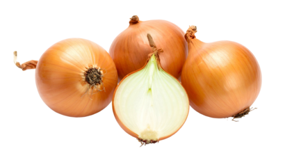 Close-up of four onions, one cut in half, showcasing layers and golden skin (1)