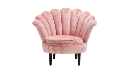 A plush, pink, scalloped armchair on dark legs