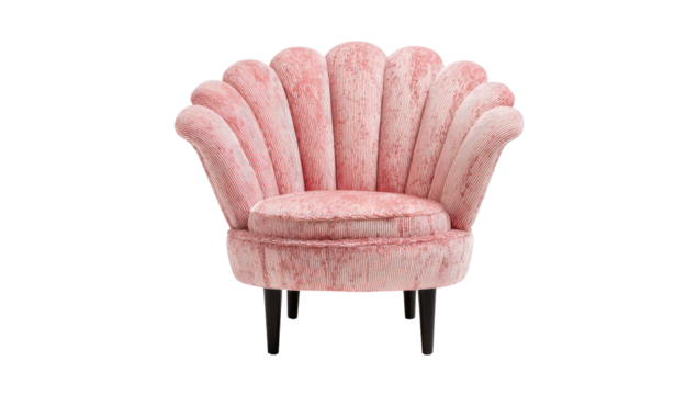 A plush, pink, scalloped armchair on dark legs