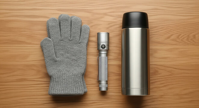 Gray gloves, a silver flashlight, and a stainless steel thermos are arranged on a wooden surface, showcasing essential outdoor gear for adventures and exploration