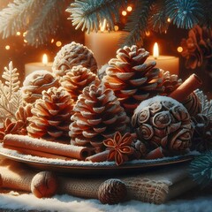 Winter Decor: Snowy pinecones with warm candlelight