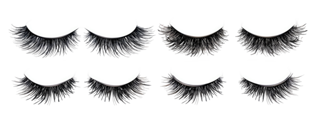 Eight pairs of full, fluffy, black false eyelashes are arranged