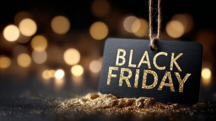 A festive sign displays Black Friday in sparkling gold against a dark background. Surrounding it, shimmering lights create a vibrant and inviting atmosphere, perfect for shopping