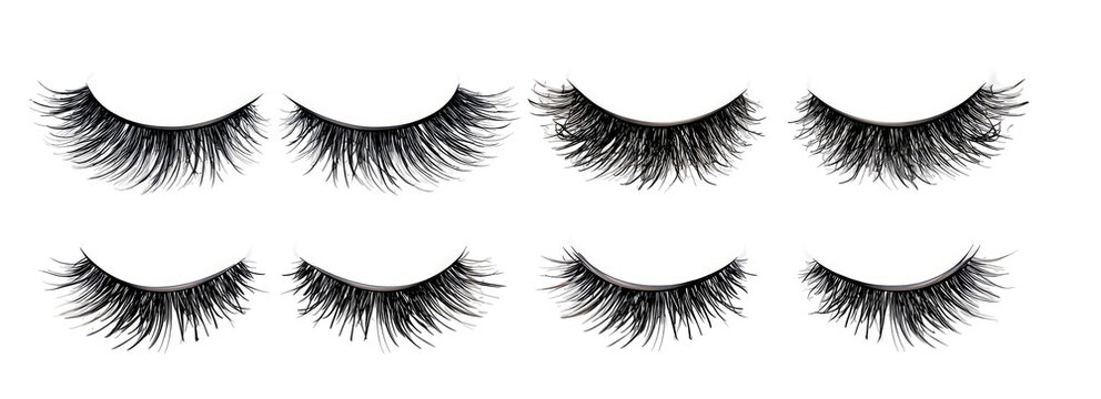 Eight pairs of full, fluffy, black false eyelashes are arranged