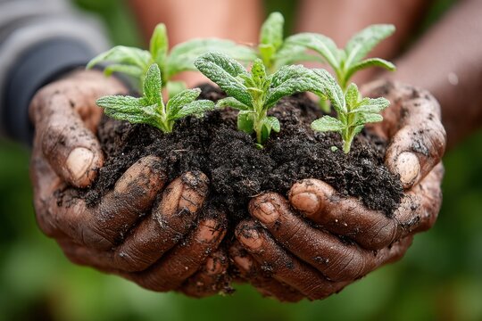 Group of hands holding soil with sprouting plants symbolizing growth, care, and sustainable farming