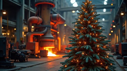 Ein Weihnachtsbaum in einer Industriehalle