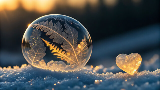 A delicate frozen soap bubble with intricate fernlike frost patterns glows in golden light of winter sunset, resting on sparkling snow beside a small, luminous heart - Powered by Adobe