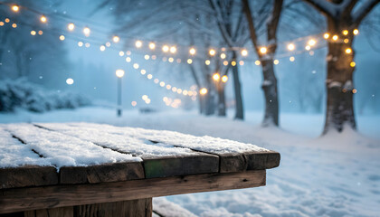 Fototapeta premium Snow Covered Wooden Table with Winter Street Lights and Bokeh String Lights