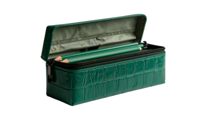 Open emerald green pen case with two pencils inside, isolated on black background