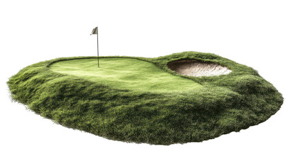 Isolated green golf hole with sand trap and flagstick