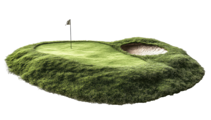 Isolated green golf hole with sand trap and flagstick