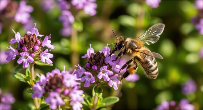 A close-up photograph of a honeybee collecting pollen from delicate purple flowers.