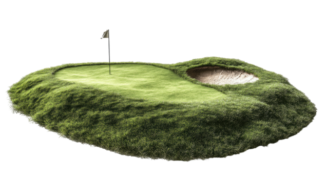 Isolated green golf hole with sand trap and flagstick