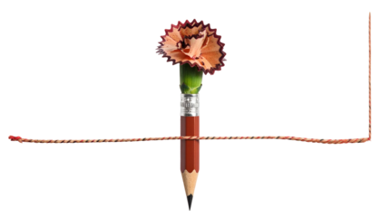 Composition of a pencil, wood shavings, and a twine frame, set against a black backdrop