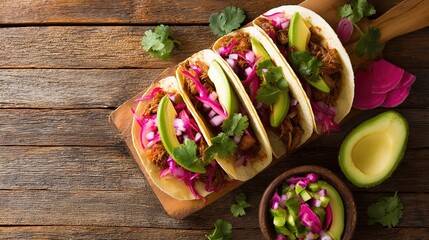 carnitas. Flat lay of Mexican street tacos with fresh ingredients, highlighting vibrant flavors and rustic appeal. menu design.