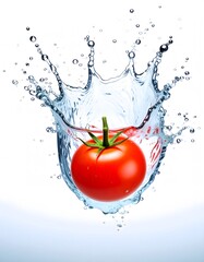 Tomato's refreshing plunge: A vibrant splash of water against a clean white backdrop