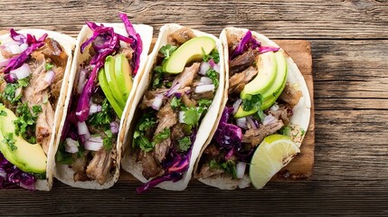 carnitas. Flat lay of Mexican street tacos with fresh ingredients, highlighting vibrant flavors and rustic appeal. menu design.