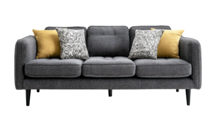 A plush, three-seater, modern grey sofa with patterned cushions