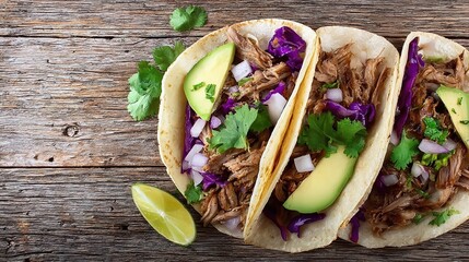carnitas. Flat lay of Mexican street tacos with fresh ingredients, highlighting vibrant flavors and rustic appeal. menu design.