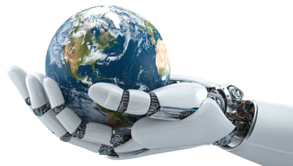 Robotic hand cradles glowing Earth, symbolizing future technology and care