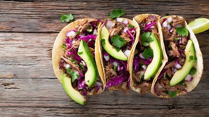 carnitas. Flat lay of Mexican street tacos with fresh ingredients, highlighting vibrant flavors and rustic appeal. menu design.