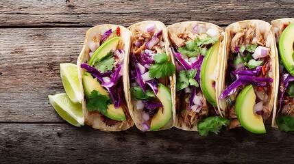 carnitas. Flat lay of Mexican street tacos with fresh ingredients, highlighting vibrant flavors and rustic appeal. menu design.