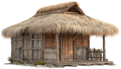 Rustic hut with thatched roof, wooden walls, and open porch
