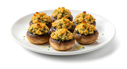 Stuffed mushrooms topped with breadcrumbs and herbs on white plate  