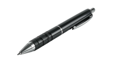 Sleek, black and silver writing instrument, poised on a void background