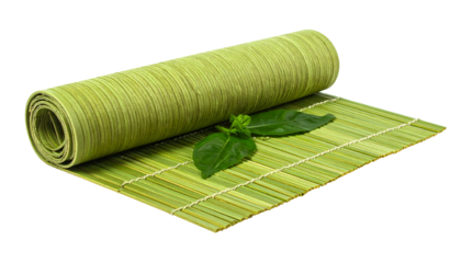 Rolled-up textured green mat with open section and fresh green basil leaves