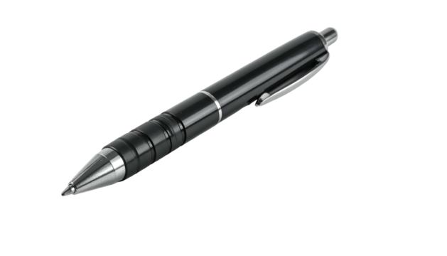 Sleek, black and silver writing instrument, poised on a void background