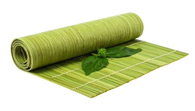 Rolled-up textured green mat with open section and fresh green basil leaves