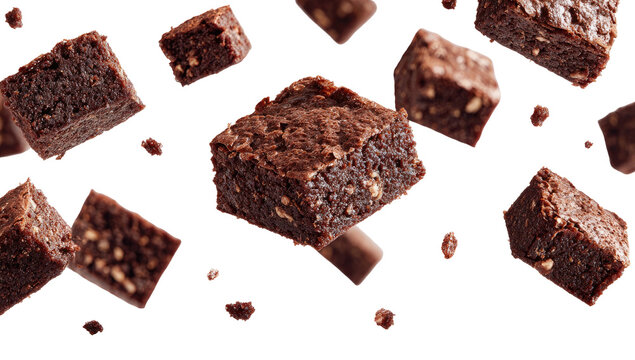 Rich chocolate brownies with nuts scattered mid-air