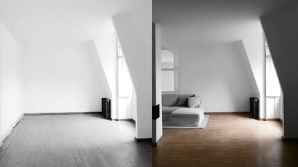 beforeafter. Minimalist interior corner with architectural details, showcasing modern transformation. real-estate listings.