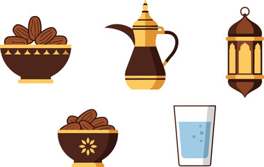Ramadan icons including dates coffee pot lantern and glass of water