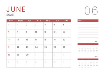 Monthly page Calendar Planner Template design of June 2026. Vector layout of calendar with week start Sunday for Scheduling. Page for size A4 or 21x29.7 cm