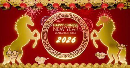 Red and gold Chinese New Year 2026 theme showcasing the graceful zodiac horse with auspicious lanterns and traditional decorative symbolism 3D Rendering

