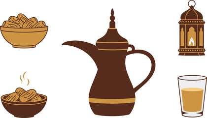 Traditional arabic coffee pot dates and lantern set for ramadan celebration